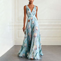 Robe longue d'été élégante et décontractée pour femme, col en V profond, imprimé floral tulipe, sans manches, taille haute, coupe trapèze, longueur ras du sol