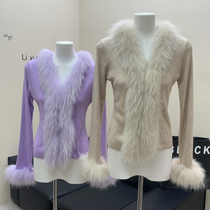 Áo khoác cardigan len nữ dáng ôm cổ V thanh lịch, viền lông chồn thật, thời trang mùa thu - Product Image 1