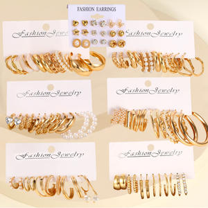 Women's Fashion <b>Jewelry</b> <b>Sets</b> Chunky <b>Pearl</b> and Twisted Statement Earrings Multipack 42 Pairs Zircon Alloy Gold Hoop Earrings - Product Image 1