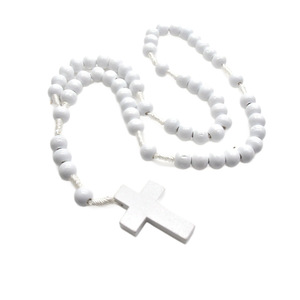 Collier chapelet en perles de bois blanc avec pendentif croix, chaîne de pull unisexe, bijou cadeau pour usage religieux - Product Image 5