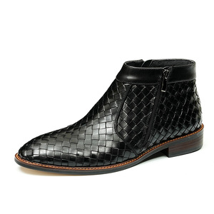 Botas de hombre de caña baja, duraderas, de cuero, con suela gruesa y elevada, con textura tejida de alta calidad y cremallera de doble cara, para uso empresarial. - Product Image 6