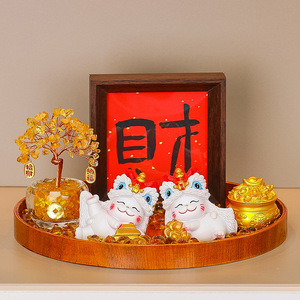 Chinese Style Lion Dance Decor <b>Set</b> Resin <b>Crystal</b> Money Tree Round Tray For Chinese New Year Home Decoration Gift - Product Image 1