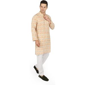 Conjunto de Kurta y Pijama para Hombre Triloki, Algodón con Estampado Digital, Ropa Tradicional Étnica India, Traje para Diwali y Puja, Pantalones Blancos - Product Image 3