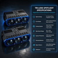 Projecteur LED à trois lentilles avec cadre bleu anodisé CNC, deux ventilateurs de refroidissement actifs, lumière de conduite tout-terrain haute puissance pour camion 4x4