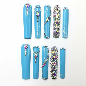 Chic Aura breve bara unghie presson Set diamante blu stile modello francese con punte lunghe e colla motivo quadrato per le dita - Product Image 2