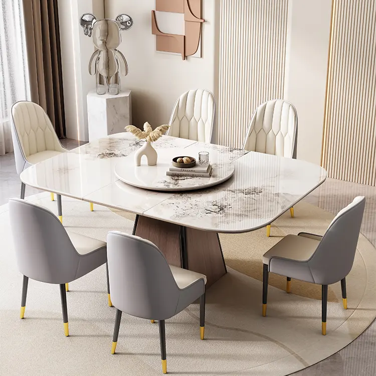 8-sitzer moderner freizeitszimmer-möbel rundes esstischset mit marmor drehbarer mitte platzspieler rundes esstisch