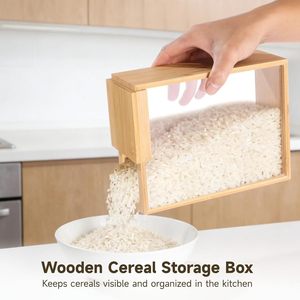 <b>Bamboo</b> Grain Storage Box With Sliding Lid Rectangle Rice <b>Container</b> Large Size 22.2X17.2X7.8Cm Covered - Product Image 3