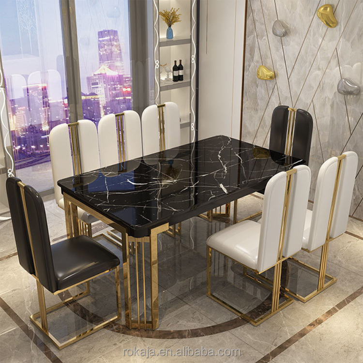 Современный роскошный обеденные столы черной мраморной столешницей Золото Нержавеющая сталь ноги обеденный стол комплект на возраст 6, 8 местный стулья