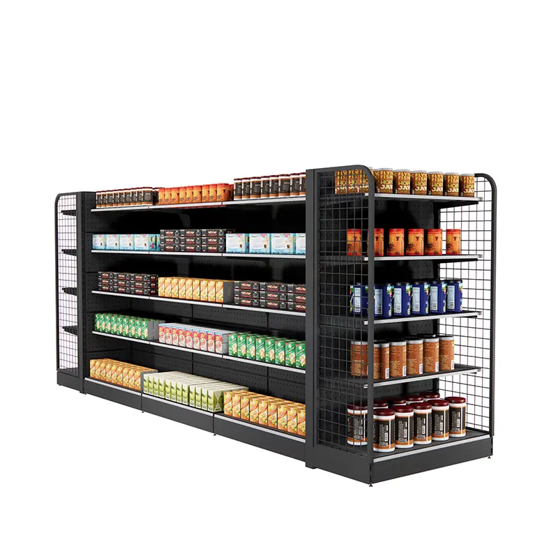 Factory price double side shelf used super shop display rack shelving for supermarkets black gondola shelf