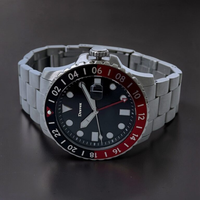 Montre de sport GMT en gros pour hommes, rouge et noir, avec lunette rotative, affichage de la date, en acier inoxydable, logo personnalisé, montre-bracelet FS