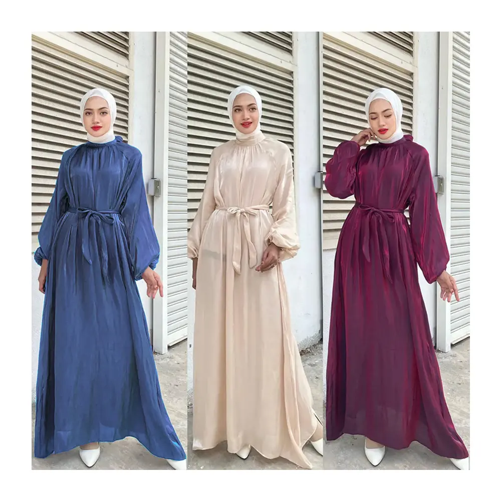 2024 12 لون بالجملة دبي الحرير فستان المرأة المسلمة الأنيقة مخصصة أكمام البالونة المتواضعة لامع عباية