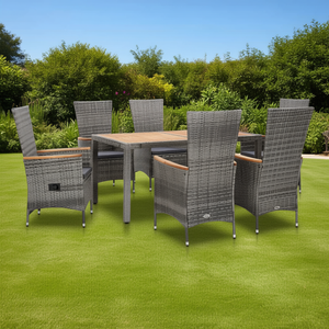 Ensemble de salle à manger d'extérieur en rotin gris et bois d'acacia, 6 places, mobilier de jardin, style contemporain, résistant aux intempéries - Product Image 2
