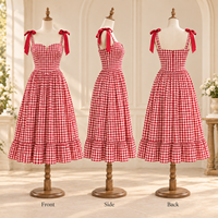 Robe midi pour femme en gros, tissée à carreaux, avec bretelles à nœud papillon, corsage corset, jupe froncée et ourlet à volants, coupe trapèze