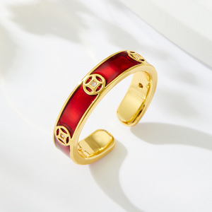 Exquisite Chinese Style Red Glazed Copper Coin Open Ring Gold Plated Adjustable Index Finger Luxury Ring Band - Product Image 4