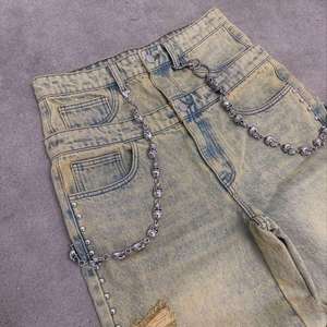 جينز رجالي فضفاض مخصص عالي الجودة، دنيم ثقيل الوزن 300 جرام، غسيل حمضي عتيق، ممزق ومُزين بالمسامير، خصر مزدوج، ملابس الشارع - Product Image 3