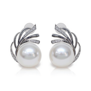 Orecchini a perno E4061 in oro bianco con perle Akoya, perle coltivate rotonde AAA, gioielli di lusso da donna per matrimonio, montatura a canale in oro 18K - Product Image 1