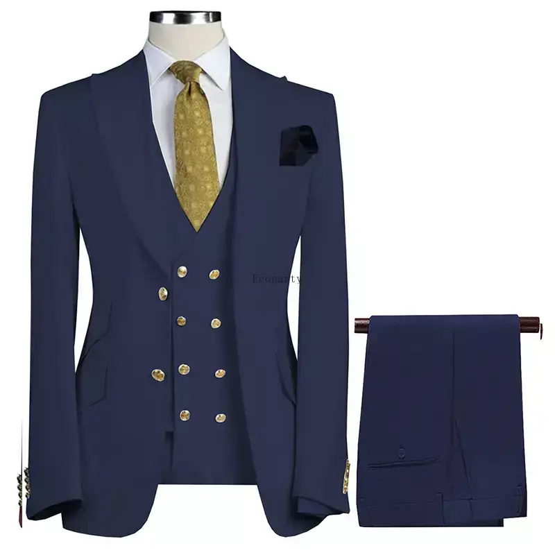 थोक क्लासिक पुरुष सूट स्लिम फिट दूल्हा टक्सीडो वेडिंग सूट बेस्ट मैन फॉर्मल 3 पीस सेट (ब्लेज़र+बनियान+पैंट+बो टाई)