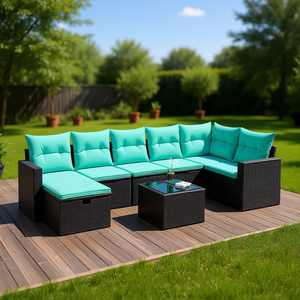 ชุดโซฟาลานบ้านหวายโพลีสีดำ 8 ชิ้นพร้อมเบาะรองนั่ง เฟอร์นิเจอร์กลางแจ้ง สไตล์ร่วมสมัย ที่นั่ง 8 คน - Product Image 2