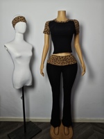 Set Pakaian Wanita 2 Potong Lengan Pendek Raglan Motif Leopard Trendi Celana Bahan Katun Spandex Santai untuk Musim Gugur dengan Logo Kustom