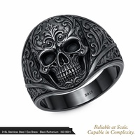 Anillo de Calavera Gótico Barroco AIU Jewelry, Acero Inoxidable 316L, Bañado en Rutenio Negro, Anillo Masculino Robusto, Estilo Oscuro Romántico, OEM ODM, Pedidos al por Mayor