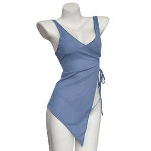 Nữ ánh sáng màu xanh gân Polyester Chemise nightdress bên cutout ren-up đóng cửa bất đối xứng hem-breathable Sheer quần áo ngủ - Product Image 5