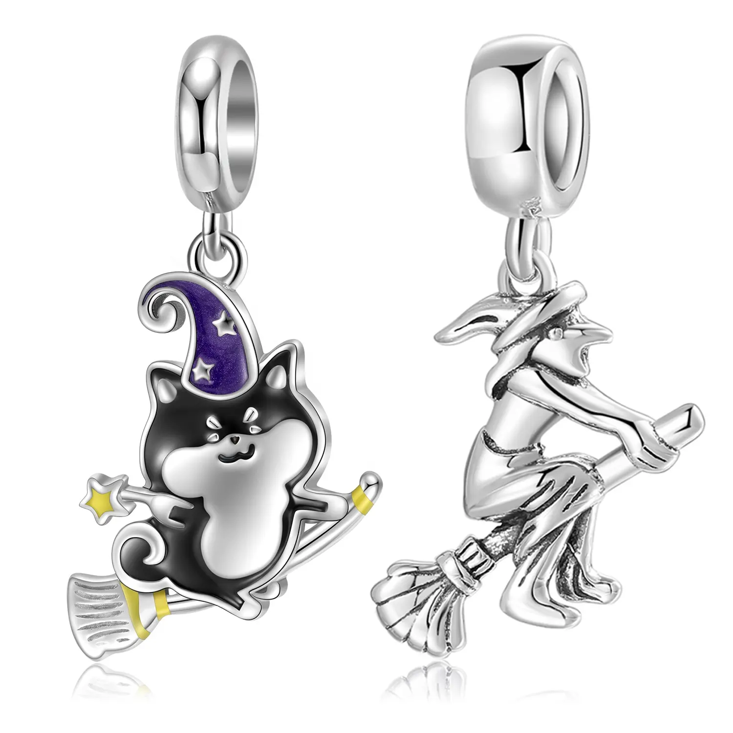 Cute Magic Witch Cat Charm Pendant Authentic 925 Sterling Silver Halloween Beads For Women Charm Bracelet Jewelry Gift Wholesale