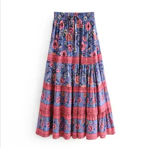 QZ8315 Rok Model Musim Semi Baru Motif Bunga Pinggang Elastis Rok A-line Bohemian Pakaian Wanita Grosir