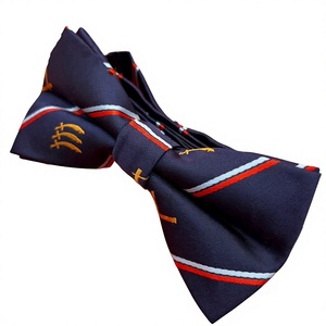 Corbata de Moño Azul Marino Pre-Atada con Rayas Bordadas y Detalles Dorados, Patrón Bordado para Vestimenta Formal Masculina, Bodas - Product Image 5