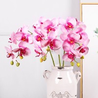 Bunga Anggrek Phalaenopsis Plastik Realistis Buatan Tangan Berkualitas Tinggi 6 Kepala Dekorasi Modern untuk Hotel dan Rumah, Rangkaian Meja
