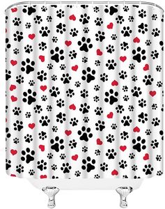 Cortina de ducha con estampado de pata de perro, amantes de las mascotas, lindo gatito, gato, huella, corazón de amor rojo, baño abstracto, decoración del hogar personalizada en Stock - Product Image 2