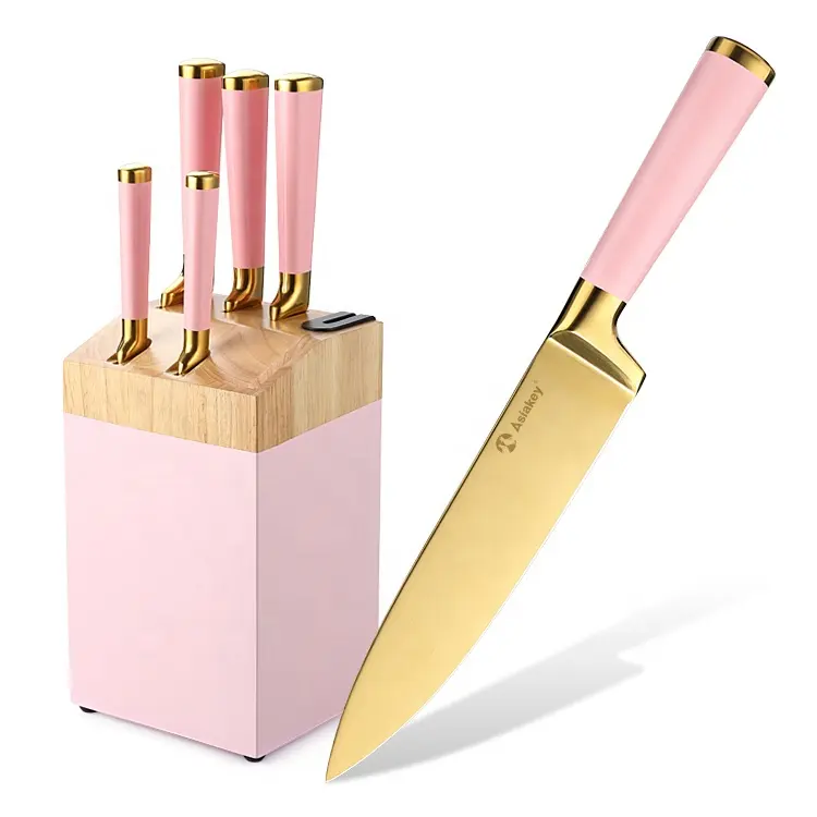 Ensemble de couteaux en acier inoxydable, outil de cuisine, joli outil de cuisine 6 pièces manche coloré rose de haute qualité avec porte-couteau support en bois