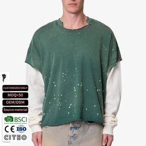 T-shirt Homme Personnalisé OEM à Manches Longues Double Couche Imprimé Effet Éclaboussures et Détails Usés, Nouveauté 2026, Coupe Oversize Déchirée et Bords Bruts, Style Streetwear - Product Image 1