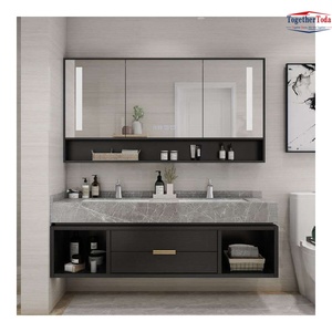 Conjunto de Muebles de Baño de Estilo Minimalista con Encimera de Piedra Sintética, Lavabo Doble Integrado y Gabinete con Espejo LED - Product Image 2