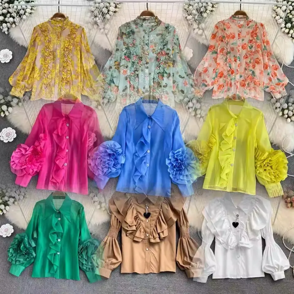 Женская шифоновая блузка сплошной цвет с длинным рукавом на пуговицах элегантные Жаккардовые Рубашки Топы