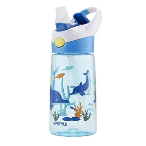 Bpa Gratis Plastic 14Oz Push Button Flip Soft Uitloop Baby Water Fles Met Stro Deksel Mouw Gemakkelijk Gebruik Voor kinderen Peuter Kids