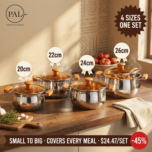 Set Panci Sup 4-Piece Baja Tahan Karat Ringan Modern dengan Tutup Kaca dan Pegangan Kayu Beech - Peralatan Masak Multifungsi untuk Dapur Rumah - Product Image 4