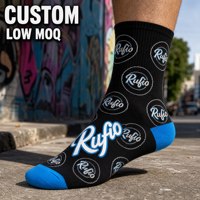 Chaussettes noires personnalisées avec logo et imprimé Rufio cyan sur le talon et la pointe pour hommes et femmes, style streetwear, vente en gros
