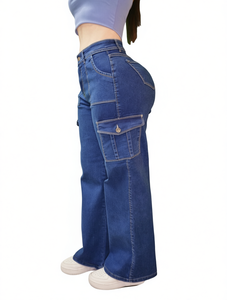 Jeans de Mezclilla Elásticos de Corte Ancho para Mujer, Cintura Alta, Ajuste Holgado, Estilo Utilitario, para Otoño - Product Image 1