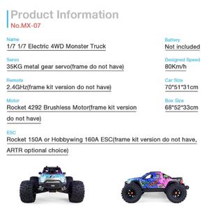 Coche Teledirigido Profesional RC Brushless SUV MX-07 de Alta Velocidad, Todoterreno, Monster Truck, Batería Lipo 8s, Alcance de 150m, Chasis Metálico, USB - Product Image 6