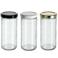 Frascos de Vidrio Transparentes de 8oz, 12oz y 16oz, Frascos Rectos Altos con Tapa Metálica Dorada de Rosca y Revestimiento de Plastisol