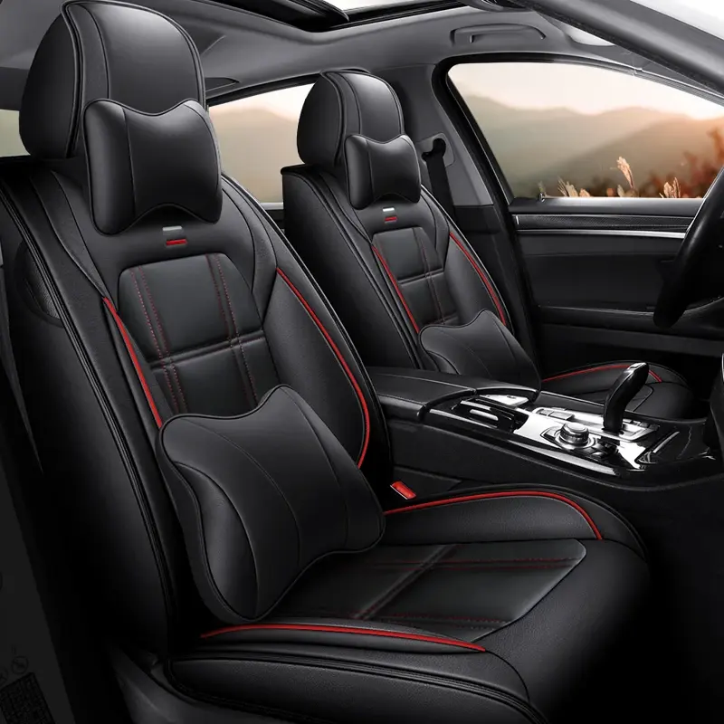 Housse de siège de voiture en cuir PU 5 sièges ensemble complet housse de siège de voiture noir couture fine couture ligne rouge