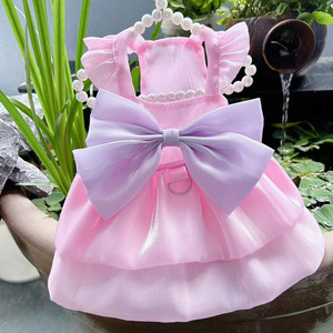 Pet Princess Dress Pink Shimmering Tutu Skirt <b>Summer</b> <b>Decorative</b> Bow Flutter Sleeves For Cat Bichon Frise Maltese - Product Image 1