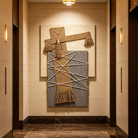 Tableau mural encadré corde jute naturelle fait main, texture 3D lignes géométriques abstraites, déco maison Wabi Sabi