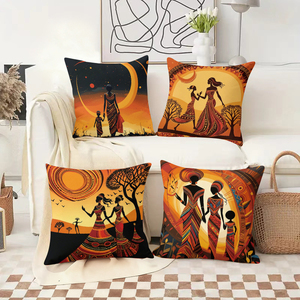 Bantal hias seni suku Afrika yang menampilkan pemandangan matahari dan bulan yang berwarna-warni serta siluet budaya. - Product Image 2