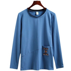 Women's Loose Long Sleeve T-Shirt With Embroidered Pocket Round Neck Casual Knitted Top For Everyday Wear - Product Image 5