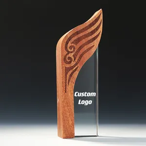 Wing Shaped Blank Handmade Crystal Awards Custom logo trophy with wooden base for winners with nice gift box package