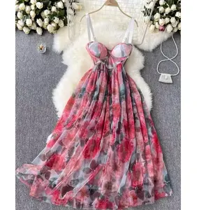 봄과 가을 인쇄 리조트 하이 엔드 여성 여름 섹시한 긴 캐미솔 드레스