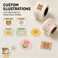Étiquettes autocollantes en vinyle personnalisées avec des personnages mignons et des bordures de fleurs dessinées à la main pour les pots de bougies, les boîtes, les bouteilles