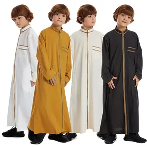Custom Boys Arabic Dress Halter Collar Kaftan Zipper Saudi Arab Thobe Kids Abaya With Pocket