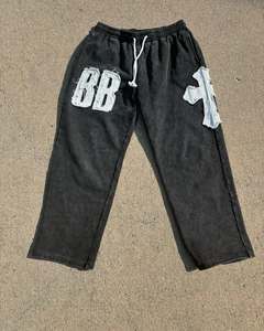 Vintage axit rửa hoodie Sweatpants thiết lập người đàn ông vá thêu đau khổ thời trang dạo phố quá khổ màu đen hai mảnh Tracksuit trang phục - Product Image 4
